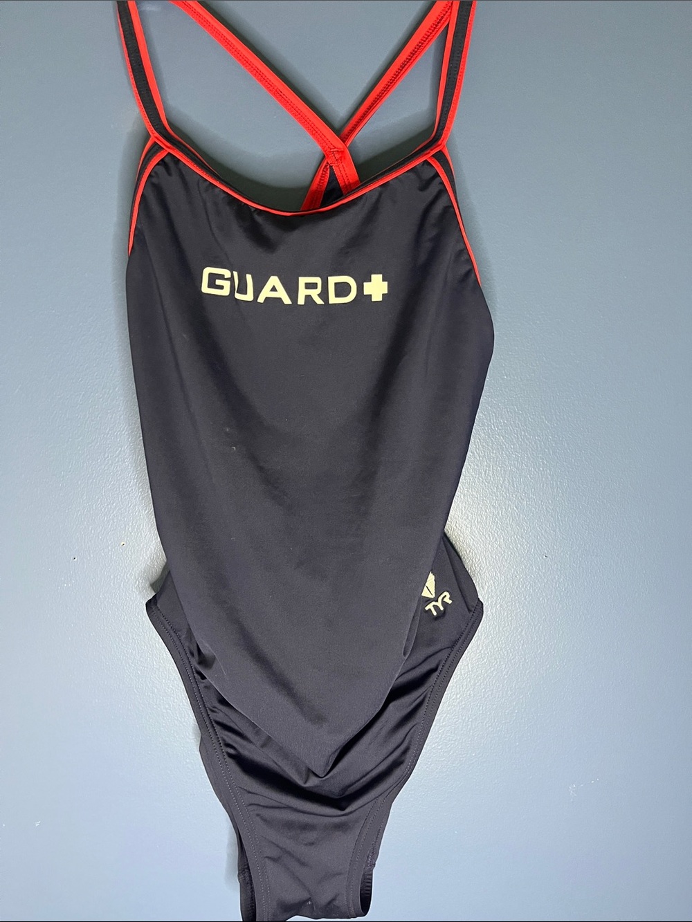 TYR Navy One-Piece Swimsuit Lifeguard with Red Accent Straps, sz 32
